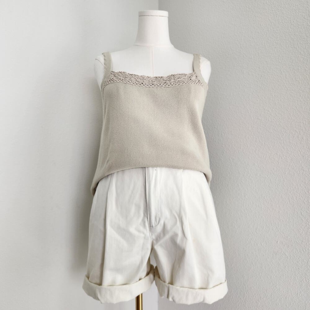 Vintage 90s Beige Knit Crochet Trim Tank Top Square Neck Sleeveless Sweater XL